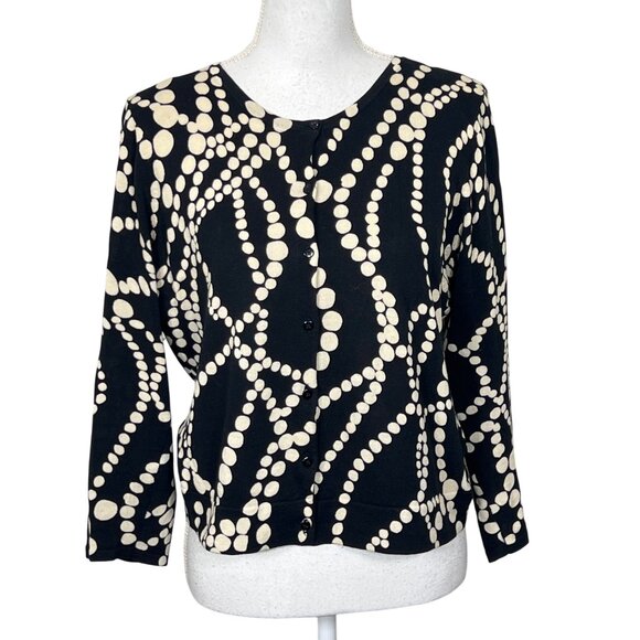 VINTAGE CABI String of Pearls Button Front Cardigan Black Cream Sz L #296 EUC - Picture 1 of 5